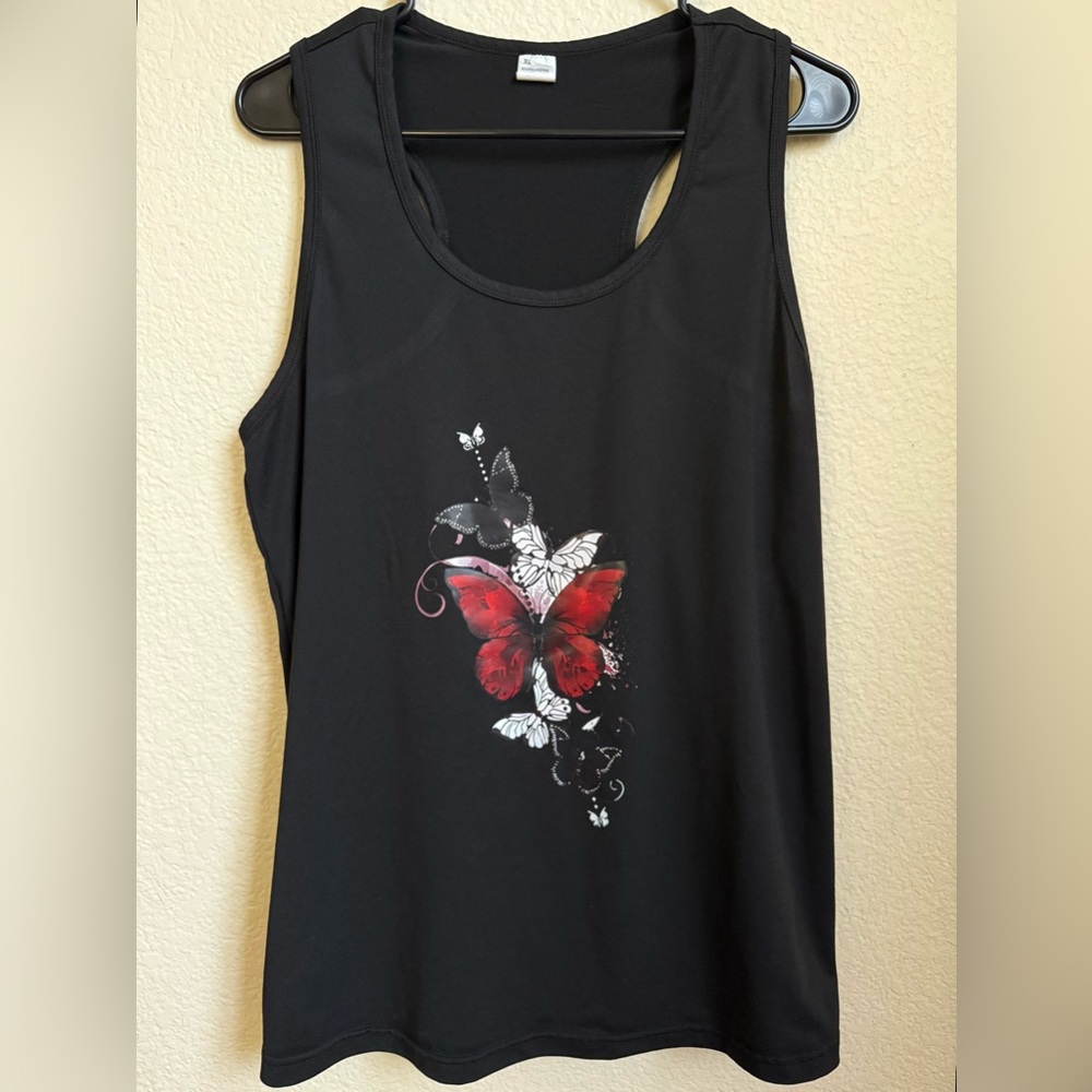 Stylish Black Tank Top with Red Butterfly Design